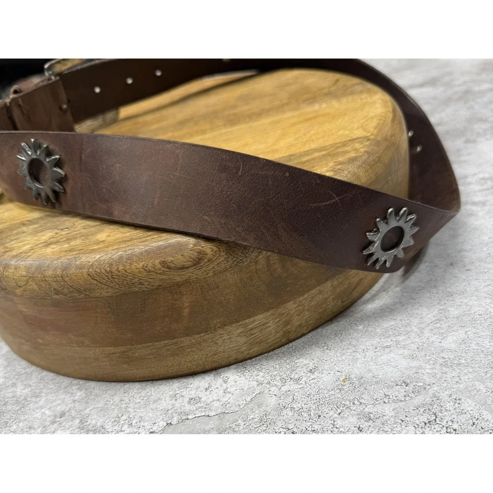 Western Leather Belt Mens Large Brown Sunburst Silver Buckle Canada Sun Aztec‎